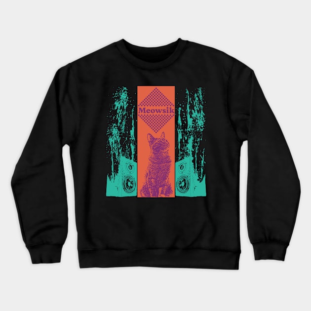 Meowsik Cover Album |  Retro Cat music Liquid vibes Crewneck Sweatshirt by Omise